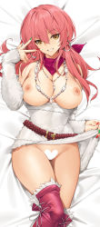 Rule 34 | 1girl, bed sheet, belt, boots, breasts, breasts out, brown eyes, censored, clothes lift, clothes pull, commentary, dakimakura (medium), detached sleeves, dress, dress lift, dress pull, earrings, english commentary, fur-trimmed boots, fur trim, green nails, heart, heart censor, highres, hoop earrings, houkago eroge-bu!, idolmaster, idolmaster cinderella girls, inward v, jewelry, jougasaki mika, large breasts, lifted by self, long hair, looking at viewer, lying, mixed-language commentary, multicolored nails, nail polish, necklace, nipples, no bra, no panties, on back, pink footwear, pink hair, red nails, smile, solo, thigh boots, thigh gap, thighhighs, tony guisado, white dress
