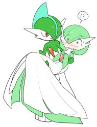 Rule 34 | !?, 1boy, 1girl, blue hair, blush, bob cut, carrying, colored skin, constricted pupils, creatures (company), embarrassed, eyes visible through hair, flat chest, full body, gallade, game freak, gardevoir, gen 3 pokemon, gen 4 pokemon, green hair, green skin, hair over one eye, hands up, happy, hetero, looking at another, lotosu, mohawk, multicolored hair, multicolored skin, nintendo, nose blush, open mouth, own hands together, pokemon, pokemon (creature), princess carry, red eyes, short hair, simple background, smile, speech bubble, spoken interrobang, standing, sweat, two-tone hair, two-tone skin, wavy mouth, white background, white skin