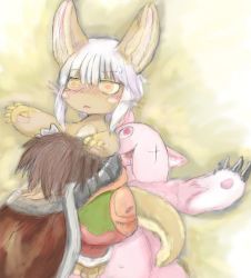Rule 34 | 10s, 1boy, 1girl, artist request, brown eyes, rabbit, furry, long hair, made in abyss, mitty (made in abyss), nanachi (made in abyss), white hair