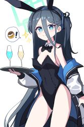 Rule 34 | &gt;:), 1girl, absurdres, animal ears, aris (blue archive), black bow, black bowtie, black hair, black leotard, blue archive, blue eyes, bow, bowtie, chocolate coin, covered navel, cup, detached collar, drinking glass, hair between eyes, halo, highres, holding, holding tray, jacket, leotard, long hair, off shoulder, one side up, oversized breast cup, playboy bunny, rabbit ears, solo, sparkle, speech bubble, tray, v-shaped eyebrows, very long hair, wine glass, yanggaengwang