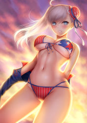 Rule 34 | 1girl, american flag bikini, backlighting, bikini, blue eyes, blue ribbon, blush, breasts, bun cover, cloud, cloudy sky, commentary request, cowboy shot, evening, fate/grand order, fate (series), flag print, front-tie bikini top, front-tie top, gluteal fold, hair ribbon, highres, large breasts, long hair, looking at viewer, masatoki, miyamoto musashi (fate), miyamoto musashi (fate/grand order), miyamoto musashi (swimsuit berserker) (fate), miyamoto musashi (swimsuit berserker) (second ascension) (fate), navel, outdoors, parted lips, pink lips, ribbon, sky, smile, solo, star (symbol), star print, stomach, striped bikini, striped clothes, sunlight, swept bangs, swimsuit, underboob, undressing, vertical-striped bikini, vertical-striped clothes