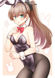 Rule 34 | 1girl, alternate costume, animal ears, black leotard, black pantyhose, blue eyes, breasts, brown hair, commentary, covered navel, detached collar, fake animal ears, fake tail, highleg, highleg leotard, kantai collection, kumano (kancolle), leotard, long hair, medium breasts, pantyhose, playboy bunny, ponytail, rabbit ears, rabbit tail, revision, rui shi (rayze ray), solo, strapless, strapless leotard, tail