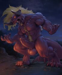 Rule 34 | 1boy, behemoth (final fantasy), colored skin, darkgem, fangs, final fantasy, furry, furry male, highres, horns, large penis, large testicles, lion boy, male focus, male pubic hair, mohawk, monster, monster boy, muscular, muscular male, night, nipples, nude, pectorals, penis, pubic hair, red eyes, red skin, solo, tail, testicles