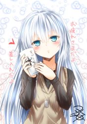 Rule 34 | 1girl, alternate costume, beige vest, black shirt, blue eyes, blush, breasts, closed mouth, cup, dog tags, eyes visible through hair, hair between eyes, head tilt, heart, hibiki (kancolle), holding, holding cup, jewelry, kantai collection, long hair, long sleeves, looking at viewer, necklace, shirt, sidelocks, signature, silver hair, small breasts, two-handed, verniy (kancolle), vest, yua (checkmate)