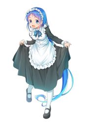 Rule 34 | 1girl, alternate costume, apron, black dress, black footwear, blue eyes, blue hair, blue ribbon, blush, clothes lift, commentary request, dress, dress lift, enmaided, full body, kantai collection, leg up, long hair, looking at viewer, maid, maid apron, maid headdress, oge (ogeogeoge), open mouth, ribbon, samidare (kancolle), sidelocks, simple background, solo, swept bangs, very long hair, white background, white legwear