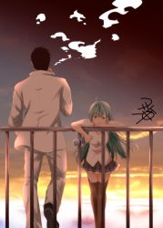 Rule 34 | 1boy, 1girl, against railing, black footwear, bottle, breasts, brown thighhighs, covered mouth, dog tags, green eyes, green hair, hair ornament, hairclip, highres, holding, holding bottle, jacket, kamio reiji (yua), kantai collection, leaning forward, against railing, long hair, medium breasts, military, outdoors, pants, pleated skirt, railing, school uniform, shirt, shoes, sidelocks, signature, skirt, smoking, standing, sunset, suzuya (kancolle), thighhighs, white jacket, white pants, white shirt, yua (checkmate)