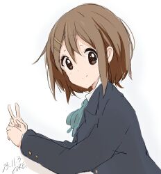 Rule 34 | 1girl, artist name, black jacket, blazer, blue ribbon, brown eyes, brown hair, closed mouth, collared shirt, commentary request, core (mayomayo), dated, hair ornament, hairclip, highres, hirasawa yui, jacket, k-on!, long sleeves, looking at viewer, neck ribbon, ribbon, sakuragaoka high school uniform, school uniform, shirt, short hair, simple background, smile, solo, split mouth, upper body, v, white background, white shirt