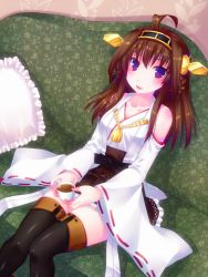 Rule 34 | 10s, 1girl, ahoge, bad id, bad pixiv id, brown hair, couch, cup, detached sleeves, door to heaven, floral print, frilled pillow, frills, green upholstery, hairband, japanese clothes, kantai collection, kongou (kancolle), long hair, looking at viewer, nontraditional miko, open mouth, patterned upholstery, pillow, purple eyes, sitting, solo, tea, teacup, thighhighs, wide sleeves, zettai ryouiki