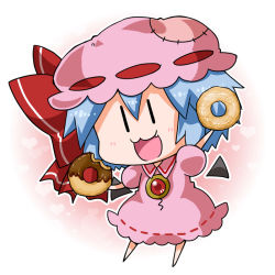 Rule 34 | 1girl, :3, bad id, bad pixiv id, bat wings, blue hair, blush, bow, brooch, chibi, commentary request, detached wings, doughnut, dress, food, full body, gradient background, hat, hat bow, heart, holding, holding food, jewelry, mob cap, noai nioshi, open mouth, patch, pink dress, pink hat, puffy short sleeves, puffy sleeves, red bow, remilia scarlet, ribbon-trimmed clothes, ribbon trim, short hair, short sleeves, solo, touhou, two-tone background, wings, | |