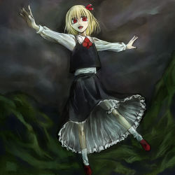 Rule 34 | 1girl, blonde hair, bloomers, cervus, embodiment of scarlet devil, female focus, hair ribbon, necktie, outstretched arms, red eyes, ribbon, rumia, short hair, solo, spread arms, touhou, underwear, white bloomers