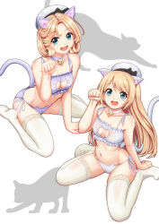 Rule 34 | 2girls, :d, animal ears, artist name, bell, blonde hair, blue eyes, bra, cat cutout, cat ears, cat tail, clothing cutout, dated, hat, janus (kancolle), jervis (kancolle), jingle bell, kantai collection, long hair, moke ro, multiple girls, open mouth, panties, paw pose, purple bra, purple panties, sailor hat, short hair, signature, simple background, sitting, smile, swept bangs, tail, thighhighs, underwear, very long hair, wariza, white background, white headwear, white legwear