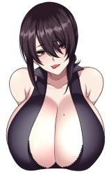 Rule 34 | 1girl, :p, bare shoulders, black hair, breasts, cleavage, collarbone, commentary, highres, huge breasts, hz (666v), long hair, looking at viewer, mole, mole on breast, mole under eye, original, red eyes, simple background, solo, tongue, tongue out, white background