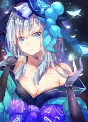 Rule 34 | 1girl, aoandon, black gloves, blue eyes, blue lips, breasts, bug, butterfly, cleavage, collarbone, elbow gloves, fingerless gloves, gloves, hand in own hair, highres, bug, japanese clothes, kimono, lipstick, long hair, looking at viewer, makeup, medium breasts, off shoulder, onmyoji, original, sash, silver hair, smile, solo, takitou, upper body, yukata