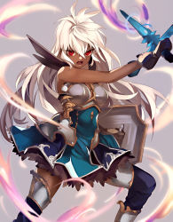 Rule 34 | 10s, 1girl, armor, armored boots, armored dress, black gloves, black thighhighs, blue dress, boots, breastplate, breasts, dark-skinned female, dark skin, dress, eredhen, gloves, granblue fantasy, grey background, hair between eyes, holding, holding sword, holding weapon, legs apart, long hair, looking at viewer, open mouth, red eyes, shield, short dress, solo, sword, thighhighs, weapon, white hair, zooey (granblue fantasy)