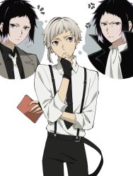 Rule 34 | 2boys, akat42273008, akutagawa ryuunosuke (bungou stray dogs), ascot, black eyes, black gloves, black hair, black jacket, black necktie, black pants, black shirt, book, bungou stray dogs, closed mouth, collared jacket, collared shirt, cowboy shot, fingerless gloves, frown, gloves, grey hair, grey jacket, highres, holding, holding book, jacket, looking at viewer, male focus, multicolored hair, multiple boys, nakajima atsushi (bungou stray dogs), necktie, pants, shirt, short hair, standing, suspenders, sweatdrop, thought bubble, two-tone hair, v-shaped eyebrows, white ascot, white background, white hair, white necktie, white shirt, yellow eyes