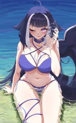 Rule 34 | 1girl, absurdres, ahoge, animal ears, arm tattoo, beach, belt collar, bikini, black hair, blue bikini, blue collar, blush, bottle, bottle to cheek, breasts, bust cup, cetacean tail, chest tattoo, cleavage, collar, commentary, english commentary, facial tattoo, fins, fish tail, halterneck, heart, heart-shaped pupils, highres, in water, indie virtual youtuber, large breasts, leg tattoo, long hair, looking at viewer, multicolored hair, one eye closed, orca girl, purple eyes, sand, shylily, shylily (bikini), sitting, solo, streaked hair, swimsuit, symbol-shaped pupils, tail, tattoo, thigh strap, tongue, tongue out, virtual youtuber, water, water bottle, white hair, yamaiupls