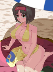 Rule 34 | 1girl, adapted costume, black hair, breasts, brown eyes, cleavage, closed mouth, creatures (company), erika (pokemon), game freak, gym leader, hairband, headband, highres, large breasts, nintendo, poke ball print, pokemon, pokemon frlg, shimure (460), short hair, smile, solo