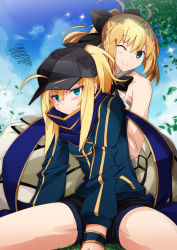 Rule 34 | 2girls, ;), ahoge, aqua eyes, artoria pendragon (all), artoria pendragon (fate), assisted stretching, baseball cap, blonde hair, dress, exercising, fate/grand order, fate/unlimited codes, fate (series), green eyes, hair ribbon, hat, jacket, multiple girls, mysterious heroine x (fate), one eye closed, ponytail, ribbon, rojiura satsuki: chapter heroine sanctuary, saber lily, scarf, shorts, sitting, smile, stretching, track jacket, vane (vane0)