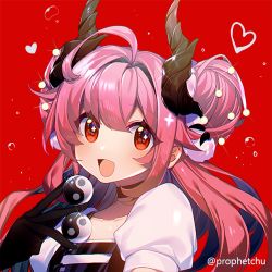 Rule 34 | 1girl, :d, ahoge, between fingers, black gloves, blush, commentary request, copyright request, curled horns, double bun, gloves, hair between eyes, hair bun, hair intakes, hand up, heart, holding, horns, long hair, looking at viewer, lowres, open mouth, pink hair, prophet chu, puffy short sleeves, puffy sleeves, red background, red eyes, short sleeves, simple background, smile, solo, twitter username, upper body, yin yang
