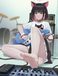 Rule 34 | 1girl, absurdres, animal ears, barefoot, black choker, black hair, blue archive, cat ears, choker, colored inner hair, dddm, electric guitar, extra ears, guitar, halo, highres, indoors, instrument, kazusa (band) (blue archive), kazusa (blue archive), multicolored hair, music, official alternate costume, open mouth, pink hair, pink halo, playing instrument, pleated skirt, red eyes, shirt, short hair, short sleeves, skirt, soles, solo, toes, white shirt, white skirt
