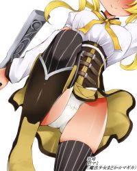 Rule 34 | 10s, 1girl, blonde hair, blush, body blush, boomerang, boots, brown thighhighs, corset, detached sleeves, dr rex, drill hair, dutch angle, gun, head out of frame, leg lift, magical girl, magical musket, mahou shoujo madoka magica, mahou shoujo madoka magica (anime), panties, pantyshot, pleated skirt, puffy sleeves, ribbon, rifle, simple background, skirt, smile, solo, striped clothes, striped thighhighs, thighhighs, tomoe mami, twin drills, twintails, underwear, upskirt, vertical-striped clothes, vertical-striped thighhighs, weapon, white background, white panties
