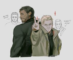 Rule 34 | 2boys, black hair, black shirt, blonde hair, brown jacket, chris redfield, closed mouth, coffeebrownn, english text, ethan winters, facial hair, jacket, male focus, multiple boys, open clothes, open jacket, resident evil, resident evil village, shirt, short hair, simple background, smile, upper body, v