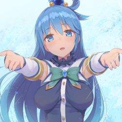 Rule 34 | 10s, 1girl, :d, aqua (konosuba), bare shoulders, blue background, blue eyes, blue hair, blush, bow, breasts, brooch, commentary request, detached sleeves, green bow, hair between eyes, hair ornament, hair rings, head tilt, highres, jewelry, kono subarashii sekai ni shukufuku wo!, long hair, looking at viewer, medium breasts, open mouth, outstretched arms, outstretched hand, smile, solo, tam-u