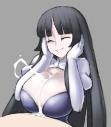 Rule 34 | 1boy, 1girl, breasts, breasts squeezed together, cleavage, closed eyes, cum, cum on body, cum on breasts, cum on upper body, dizner, ejaculation between breasts, gloves, grey background, grin, hands on own cheeks, hands on own face, handsfree paizuri, highres, hime cut, huge breasts, kaguya jingu, paizuri, simple background, smile, under night in-birth