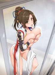 Rule 34 | 1girl, bath, blush, bottomless, breasts, breasts out, breasts squeezed together, brown eyes, brown hair, coat, collarbone, glass door, idolmaster, idolmaster cinderella girls, idolmaster cinderella girls starlight stage, large breasts, long hair, long sleeves, looking at viewer, mukai takumi, navel, open clothes, open coat, parted bangs, parted lips, ponytail, rope, seura isago, solo, sweat, thighs, white coat
