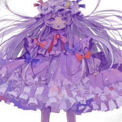 Rule 34 | 1girl, bad drawr id, bad id, bow, drawr, dress, floating hair, hair bow, hat, layered skirt, long hair, long sleeves, mob cap, oekaki, open mouth, patchouli knowledge, purple eyes, purple hair, sham00, simple background, skirt, solo, touhou, white background