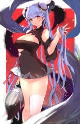 Rule 34 | 1girl, azur lane, bare shoulders, blue hair, blue scarf, breasts, brown dress, china dress, chinese clothes, cleavage, cleavage cutout, clothing cutout, double bun, dress, essex (azur lane), essex (brush and ink) (azur lane), hair bun, highres, holding, holding brush, long hair, looking at viewer, microdress, official alternate costume, orange eyes, paintbrush, red background, ryoutsu, scarf, single thighhigh, solo, thighhighs, two-tone background, very long hair, white background, white thighhighs