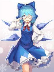 Rule 34 | 1girl, ;d, bespectacled, blue bow, blue dress, blue eyes, blue hair, bow, breasts, cirno, commentary request, dress, falken (yutozin), feet out of frame, glasses, gradient background, grey background, hair between eyes, hair bow, hand on own hip, highres, ice, ice wings, long sleeves, looking at viewer, medium breasts, neck ribbon, one eye closed, open mouth, petticoat, red-framed eyewear, red ribbon, ribbon, shirt, short hair, smile, snowflakes, solo, standing, thighs, touhou, white background, white shirt, wing collar, wings