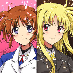Rule 34 | 2girls, artist name, blonde hair, blue eyes, blush, brown hair, closed mouth, commentary request, dated, fate testarossa, highres, long hair, looking at another, lyrical nanoha, military uniform, multiple girls, red eyes, san-pon, simple background, smile, takamachi nanoha, tsab air military uniform, tsab executive military uniform, uniform, upper body