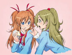 Rule 34 | 10s, 2girls, blue eyes, brown hair, cake, cake slice, eating, food, food on face, from side, hair bobbles, hair ornament, hair ribbon, houjou hibiki, kazuma muramasa, minamino kanade, multiple girls, pink background, ponytail, precure, profile, red ribbon, ribbon, school uniform, simple background, suite precure, tongue, tongue out, two side up