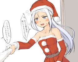 Rule 34 | 1girl, belt, blush, breasts, brown belt, christmas, cleavage, commentary request, detached sleeves, dress, fur-trimmed dress, fur-trimmed headwear, fur-trimmed sleeves, fur trim, gloves, grey eyes, hat, hatomura yuki, highres, holding hands, junk gaming maiden, kitsunerider, long hair, medium breasts, open mouth, parted bangs, pom pom (clothes), red dress, red headwear, red sleeves, santa dress, santa hat, simple background, smile, solo focus, translation request, upper body, white gloves, white hair
