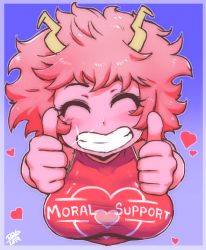 Rule 34 | 1girl, ashido mina, bad id, bad pixiv id, boku no hero academia, breasts, closed eyes, clothes writing, colored skin, double thumbs up, grin, heart, highres, horns, large breasts, pink hair, pink skin, randomboobguy, short hair, simple background, smile, solo, sparkle, thumbs up