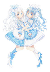 Rule 34 | 2girls, absurdres, ankle strap, apron, blue apron, blue bow, blue choker, blue eyes, blue footwear, blue hair, blue legwear, blue ribbon, blue shirt, blue skirt, bow, choker, commentary request, frilled apron, frilled cuffs, frilled skirt, frills, from side, hair bow, high heels, highres, hug, lolita fashion, long hair, looking at viewer, multiple girls, one side up, original, painting (medium), ribbon, shirt, short sleeves, siblings, simple background, skirt, smile, socks, star (symbol), traditional media, twins, uni (setsuna gumi39), watercolor (medium), wavy hair, white apron, white background, white bow, white choker, white footwear, white hair, white legwear, white ribbon, white shirt, white skirt, wrist cuffs, wrist ribbon