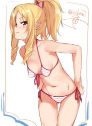 Rule 34 | 10s, 1girl, bare shoulders, bikini, blonde hair, blush, bow, breasts, brown eyes, drill hair, eromanga sensei, front-tie top, gluteal fold, hair bow, hairband, isshiki (ffmania7), leaning forward, long hair, looking at viewer, midriff, pointy ears, ponytail, red bikini, sagging breasts, side-tie bikini bottom, signature, small breasts, solo, stomach, striped bikini, striped clothes, swimsuit, thighs, twin drills, twitter username, yamada elf