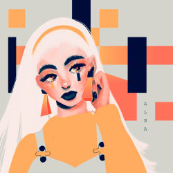 Rule 34 | 1girl, artist name, black lips, character name, character request, commentary, copyright request, earrings, english commentary, face, hairband, jewelry, lips, long hair, looking to the side, makeup, nose, orabelart, orange hairband, orange sweater, red pupils, sideways glance, signature, simple background, solo, sweater, thick eyebrows, white hair