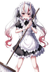 Rule 34 | 1girl, absurdres, alternate costume, apron, black bow, blush, bow, breasts, broom, closed mouth, commentary request, enmaided, gradient hair, hair between eyes, hair bow, highres, holding, holding broom, hololive, horns, karashi (asarikarasi), looking at viewer, maid, maid apron, maid headdress, multicolored hair, nakiri ayame, red eyes, red hair, short sleeves, sidelocks, simple background, skin-covered horns, small breasts, smile, solo, streaked hair, sweatdrop, twintails, virtual youtuber, wavy mouth, white background, white hair
