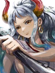 Rule 34 | 1girl, ahoge, blue hair, closed mouth, club (weapon), earrings, green hair, highres, holding, holding club, holding weapon, horns, japanese clothes, jewelry, kimono, looking at viewer, multicolored hair, one piece, ponytail, sidelocks, sleeveless, sleeveless kimono, solo, twitter username, upper body, v-shaped eyebrows, wakitorisuki, weapon, white background, white hair, white kimono, yamato (one piece), yellow eyes