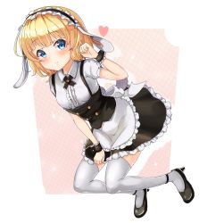 Rule 34 | 1girl, 2drr, animal ears, apron, argyle, argyle background, argyle clothes, arm up, black footwear, black ribbon, black skirt, blonde hair, blue eyes, blunt bangs, blush, bolo tie, breasts, clenched hand, closed mouth, collared shirt, fake animal ears, fleur de lapin uniform, floppy ears, frilled apron, frilled cuffs, frilled shirt, frilled skirt, frills, gochuumon wa usagi desu ka?, gradient background, headdress, heart, high heels, highres, kirima syaro, looking at viewer, neck ribbon, puffy short sleeves, puffy sleeves, rabbit ears, ribbon, shirt, shoes, short hair, short sleeves, silhouette, skirt, skirt tug, small breasts, smile, solo, sparkle, thighhighs, underbust, uniform, waist apron, wavy hair, white apron, white shirt, white thighhighs, wrist cuffs, zettai ryouiki