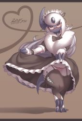 Rule 34 | 1girl, 2017, :3, absol, absurdres, animal hands, artist name, bespectacled, black bow, black dress, black ribbon, black thighhighs, blush, bow, bow panties, brown background, claws, clothes lift, creatures (company), dated, dress, dress lift, exercising, feet, female focus, frilled dress, frilled sleeves, frills, full body, furry, furry female, game freak, garter belt, garter straps, gen 3 pokemon, glasses, half-closed eyes, hands up, heart, highres, horns, leg lift, letterboxed, lifted by self, lingerie, long hair, looking at viewer, maid, maid headdress, nintendo, panties, pink panties, pokemon, pokemon (creature), pokemon rse, red-framed eyewear, red eyes, ribbon, short sleeves, signature, simple background, single horn, sit-up, smile, socks, solo, standing, standing on one leg, striped clothes, striped panties, text focus, thick thighs, thighhighs, thighs, underwear, white hair, zinfyu