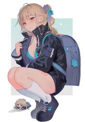 Rule 34 | 1girl, absurdres, aqua background, backpack, bag, bikini, bikini under clothes, black footwear, black jacket, blonde hair, blue bag, blue bikini, blush, breasts, chibi, cleavage, commentary, folded ponytail, from side, highres, jacket, large breasts, looking at viewer, mole, mole on cheek, myabit, original, randoseru, red eyes, revision, socks, squatting, sweat, swimsuit, thighs, two-tone background, white background, white socks