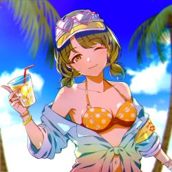 Rule 34 | 1girl, armband, bad id, bad pixiv id, bikini, blurry, blurry background, bracelet, breasts, chromatic aberration, circulatormai, collarbone, collared shirt, drink, eyewear on head, green hair, highres, holding, holding drink, idolmaster, idolmaster shiny colors, jewelry, looking at viewer, nanakusa nichika, navel, one eye closed, palm tree, polka dot, polka dot bikini, shirt, short hair, short twintails, sleeves rolled up, small breasts, smile, solo, swimsuit, tied shirt, tree, twintails, visor cap, yellow eyes