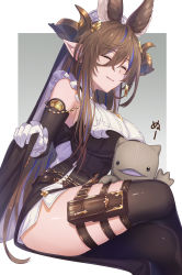 Rule 34 | 1girl, animal ears, blue hair, breasts, brown dress, brown hair, brown thighhighs, closed eyes, crossed legs, detached sleeves, dress, feet out of frame, galleon (granblue fantasy), gloves, granblue fantasy, highres, holster, horns, jiman, large breasts, lips, looking at viewer, multicolored hair, pointy ears, sitting, sleeveless, sleeveless dress, smile, solo, streaked hair, stuffed toy, thigh holster, thighhighs, thighs, white gloves