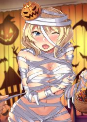Rule 34 | 1girl, bandages, basket, blonde hair, blue eyes, blush, breasts, candy, colorado (kancolle), cowboy shot, food, gin&#039;ichi (akacia), halloween, halloween costume, holding, holding basket, jack-o&#039;-lantern, kantai collection, large breasts, lollipop, one eye closed, open mouth, short hair, solo focus, tears