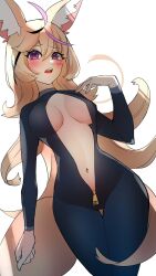 Rule 34 | 1girl, animal ear fluff, animal ears, biker clothes, bikesuit, blonde hair, blush, bodysuit, breasts, breasts apart, center opening, cowboy shot, curvy, fox ears, fox girl, fox tail, from below, hair between eyes, highres, hololive, long hair, looking at viewer, medium breasts, multicolored hair, narrow waist, navel, omaru polka, open mouth, purple eyes, simple background, streaked hair, tail, unzipped, very long hair, virtual youtuber, white background, wide hips, yuuppi, zipper pull tab