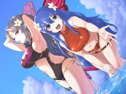Rule 34 | 2girls, :d, absurdres, alternate costume, armpits, arms behind back, arms up, bikini, black one-piece swimsuit, blade ride, blue eyes, blue hair, breasts, caeda (fire emblem), caeda (summer) (fire emblem), cleavage, clothing cutout, cowboy shot, dutch angle, elf, fairy, female focus, fire emblem, fire emblem: mystery of the emblem, fire emblem: shadow dragon and the blade of light, fire emblem heroes, flower, hair flower, hair ornament, highres, large breasts, long hair, looking at viewer, matching hair/eyes, midriff, multiple girls, navel, nintendo, official alternate costume, one-piece swimsuit, open mouth, outstretched arm, outstretched hand, partially submerged, plumeria (fire emblem), pointy ears, purple eyes, reaching, reaching towards viewer, red bikini, silver hair, smile, standing, swimsuit, thorns, wading, white flower