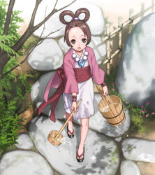 Rule 34 | 1girl, ace attorney, brown eyes, brown hair, bucket, child, collarbone, flower, geta, hair rings, ito fumi, japanese clothes, jewelry, kimono, long sleeves, looking at viewer, looking up, lower teeth only, magatama, magatama necklace, necklace, obi, open mouth, outdoors, parted bangs, pearl fey, sandals, sash, short hair, solo, teeth, tree, twisted hair, vegetation, walking, water, wide sleeves, wooden bucket